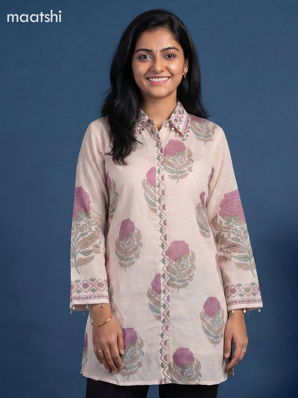 Mild Peach and Mauve Pink Mul Chanderi Floral Printed & With Slip Women Shirt