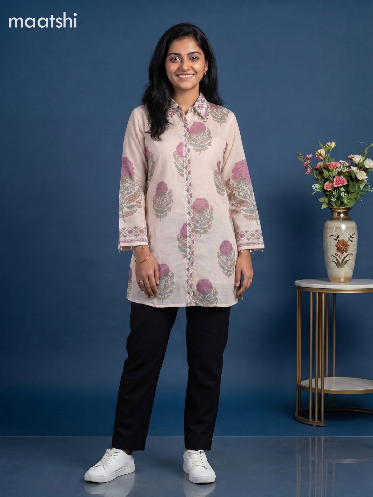 Mild Peach and Mauve Pink Mul Chanderi Floral Printed & With Slip Women Shirt