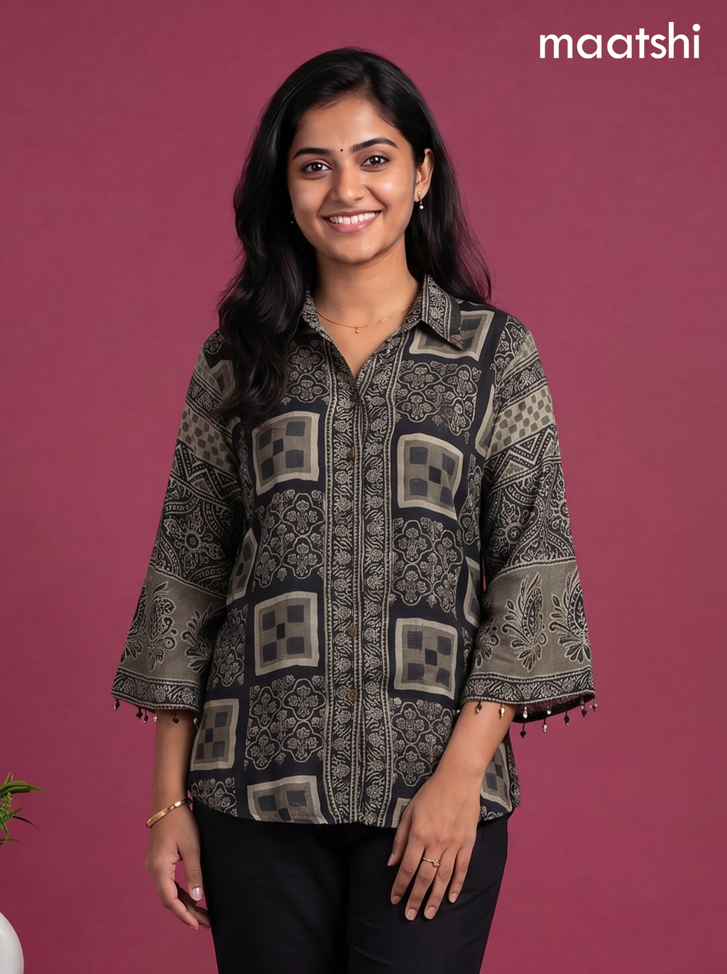 Black and Grey Crepe Silk Ajrakh Printed Women Shirt