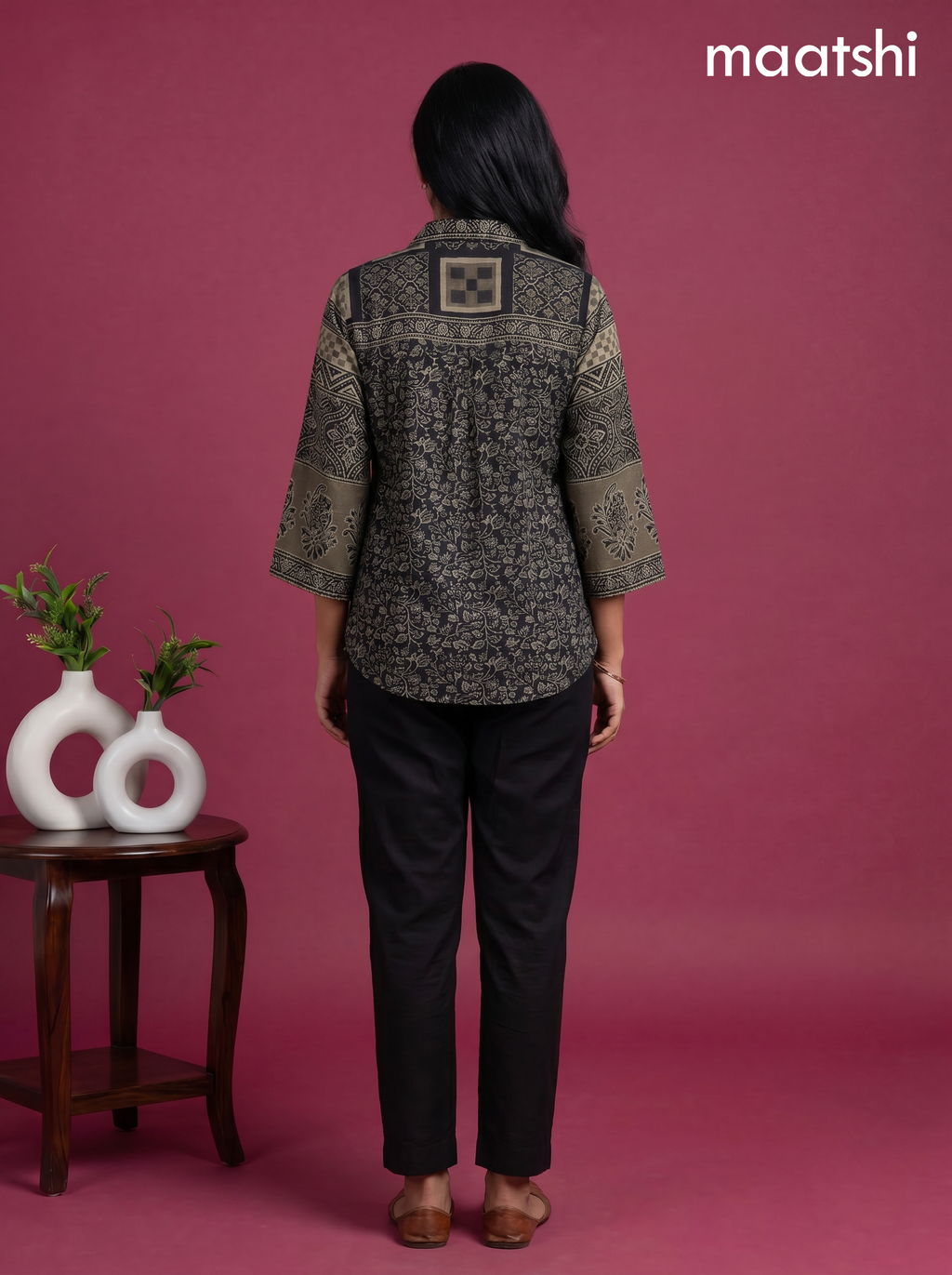 Black and Grey Crepe Silk Ajrakh Printed Women Shirt