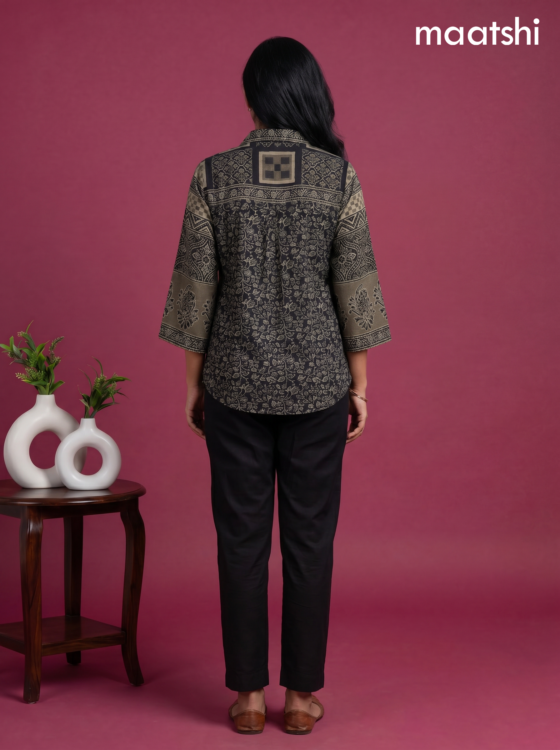 Black and Grey Crepe Silk Ajrakh Printed Women Shirt