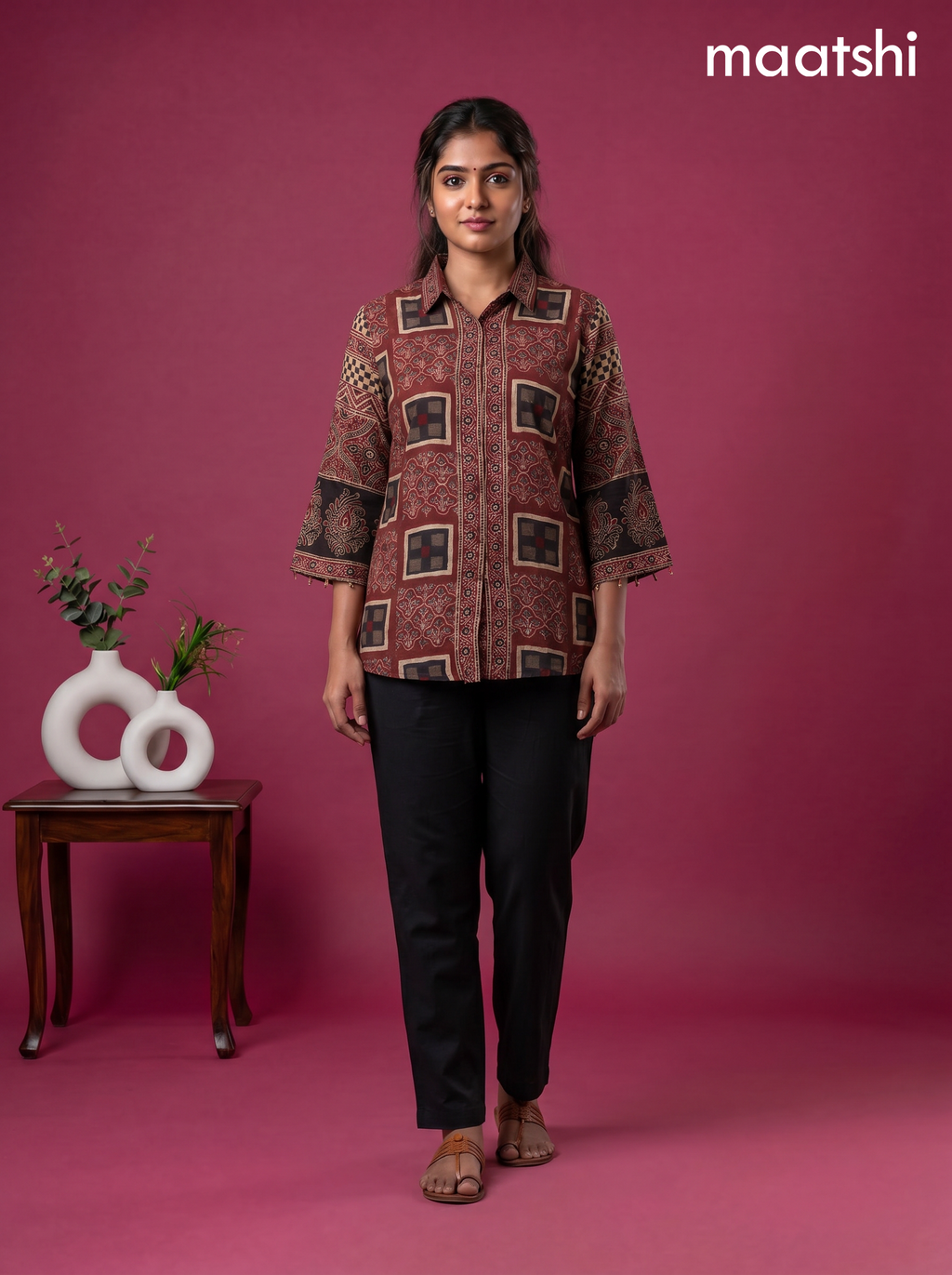 Maroon Crepe Silk Ajrakh Printed Women Shirt