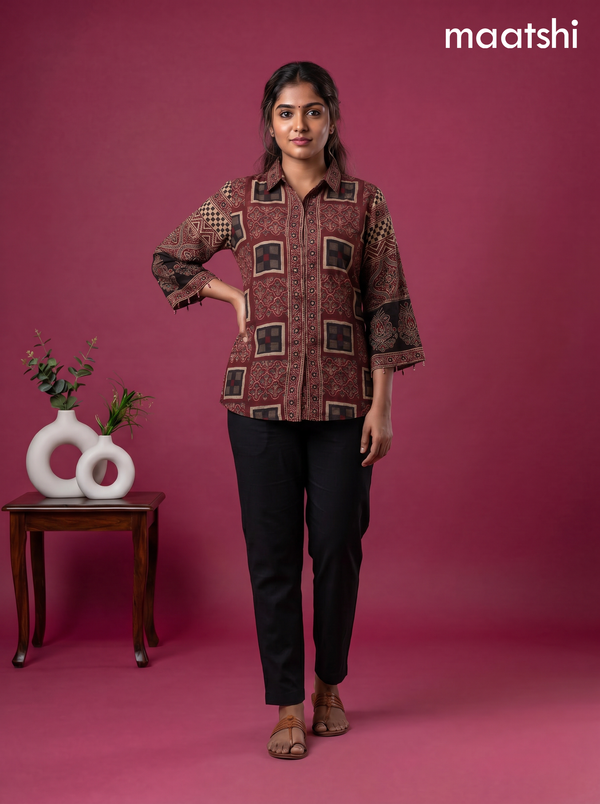 Maroon Crepe Silk Ajrakh Printed Women Shirt