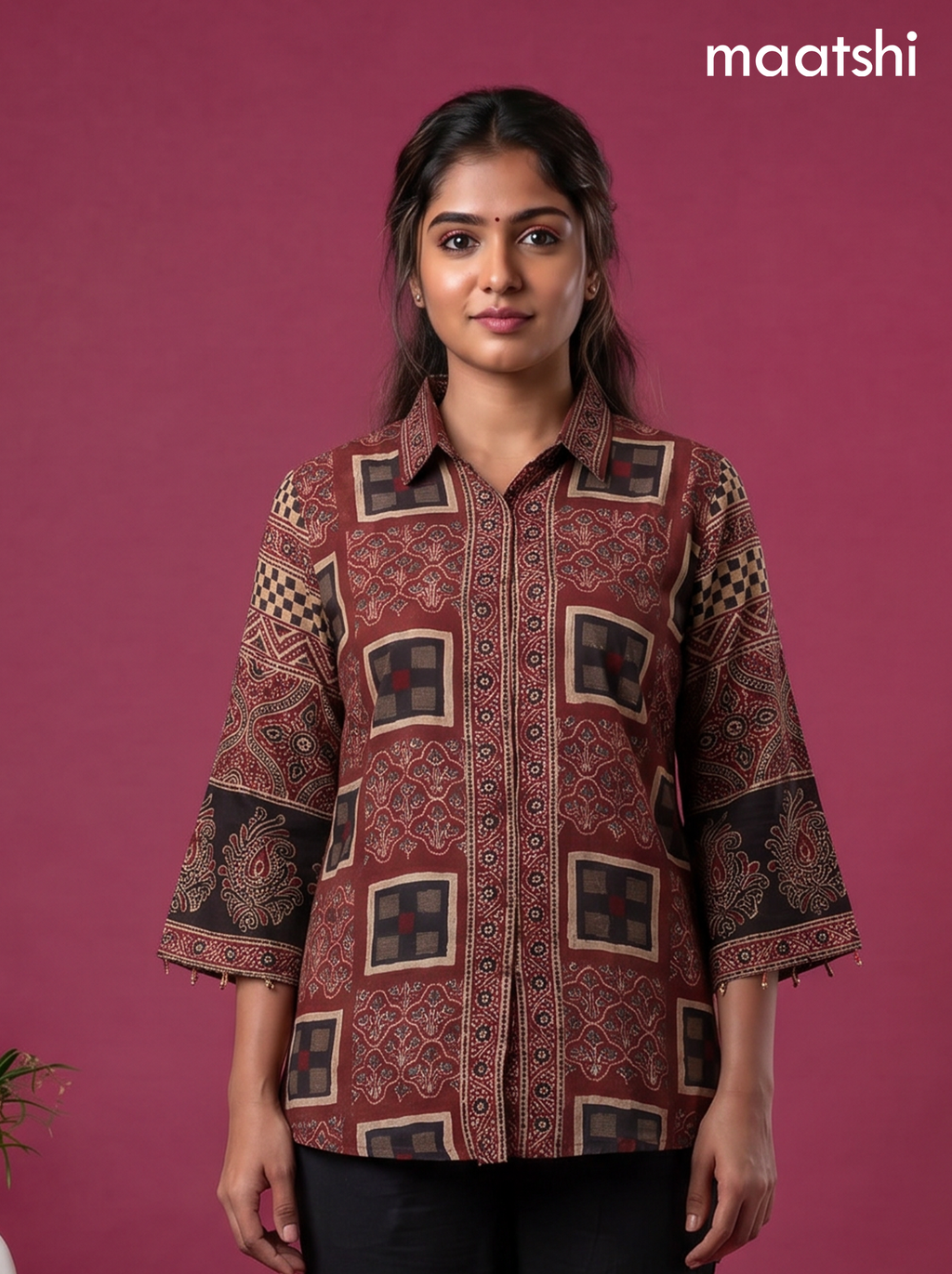 Maroon Crepe Silk Ajrakh Printed Women Shirt