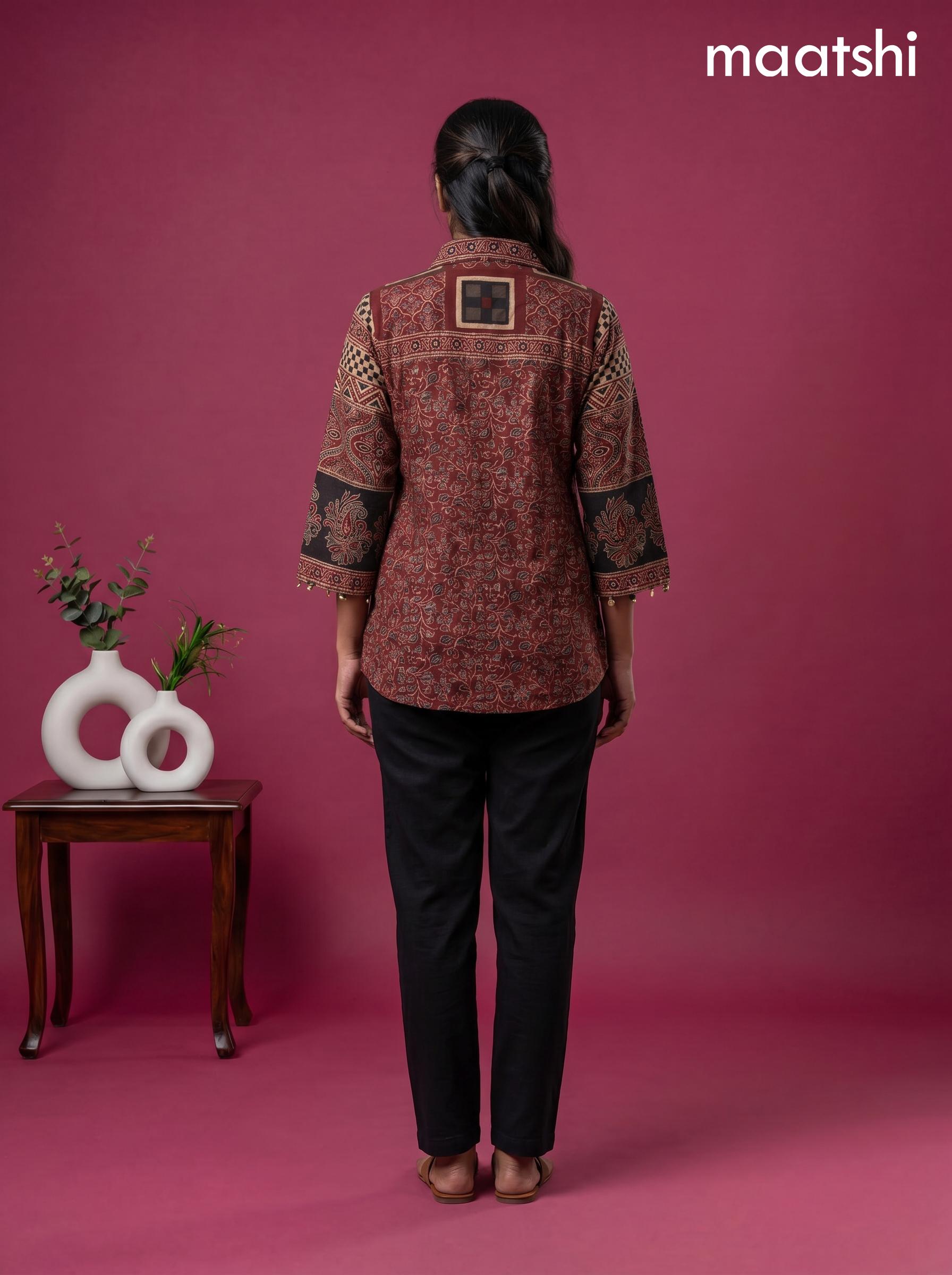 Maroon Crepe Silk Ajrakh Printed Women Shirt