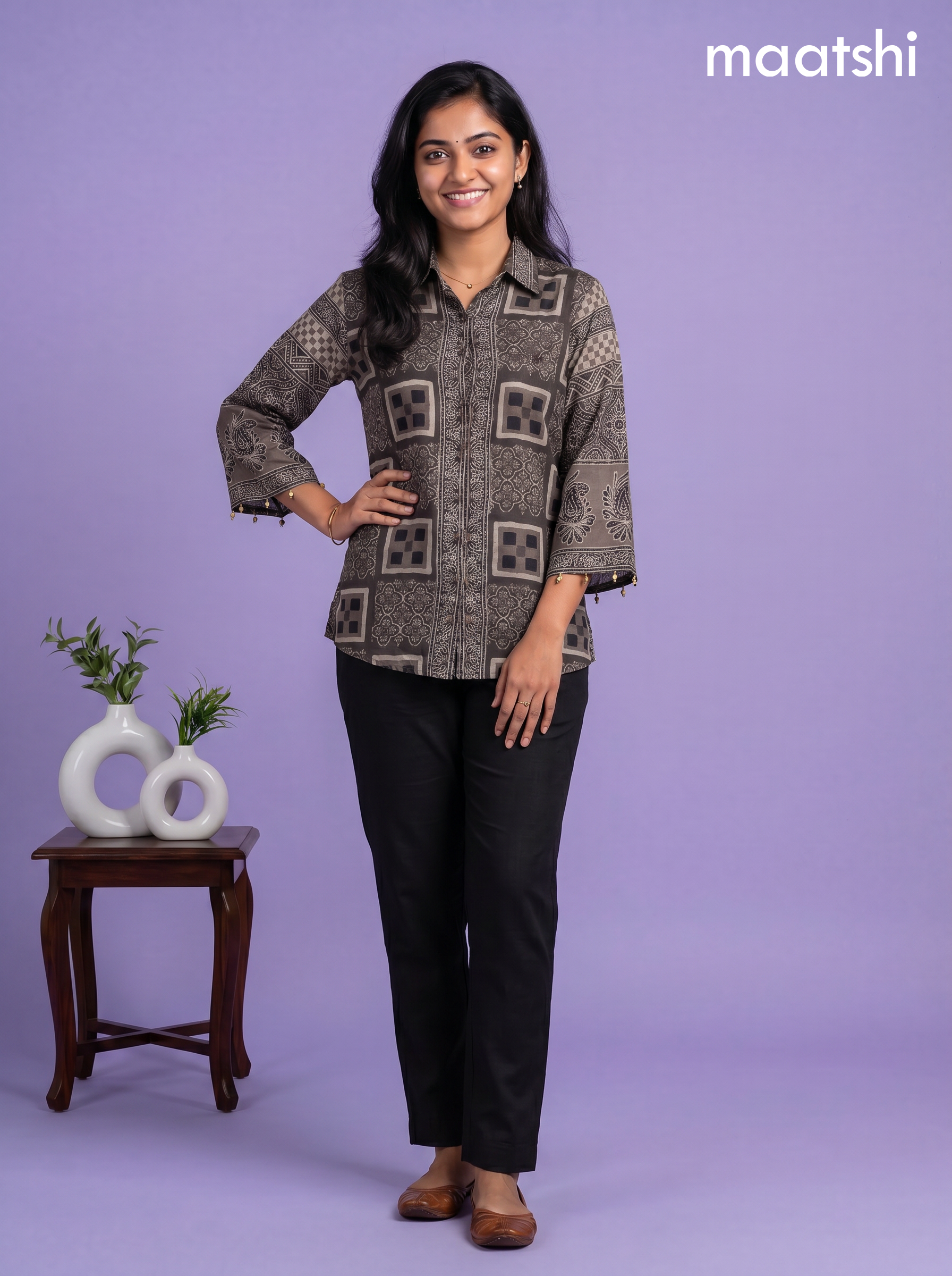 Dark Grey and Maroon Crepe Silk Ajrakh Printed Women Shirt