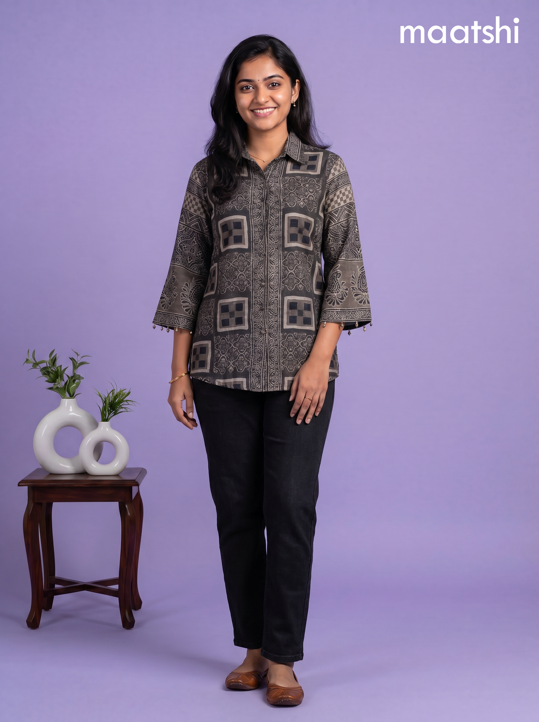 Dark Grey and Maroon Crepe Silk Ajrakh Printed Women Shirt