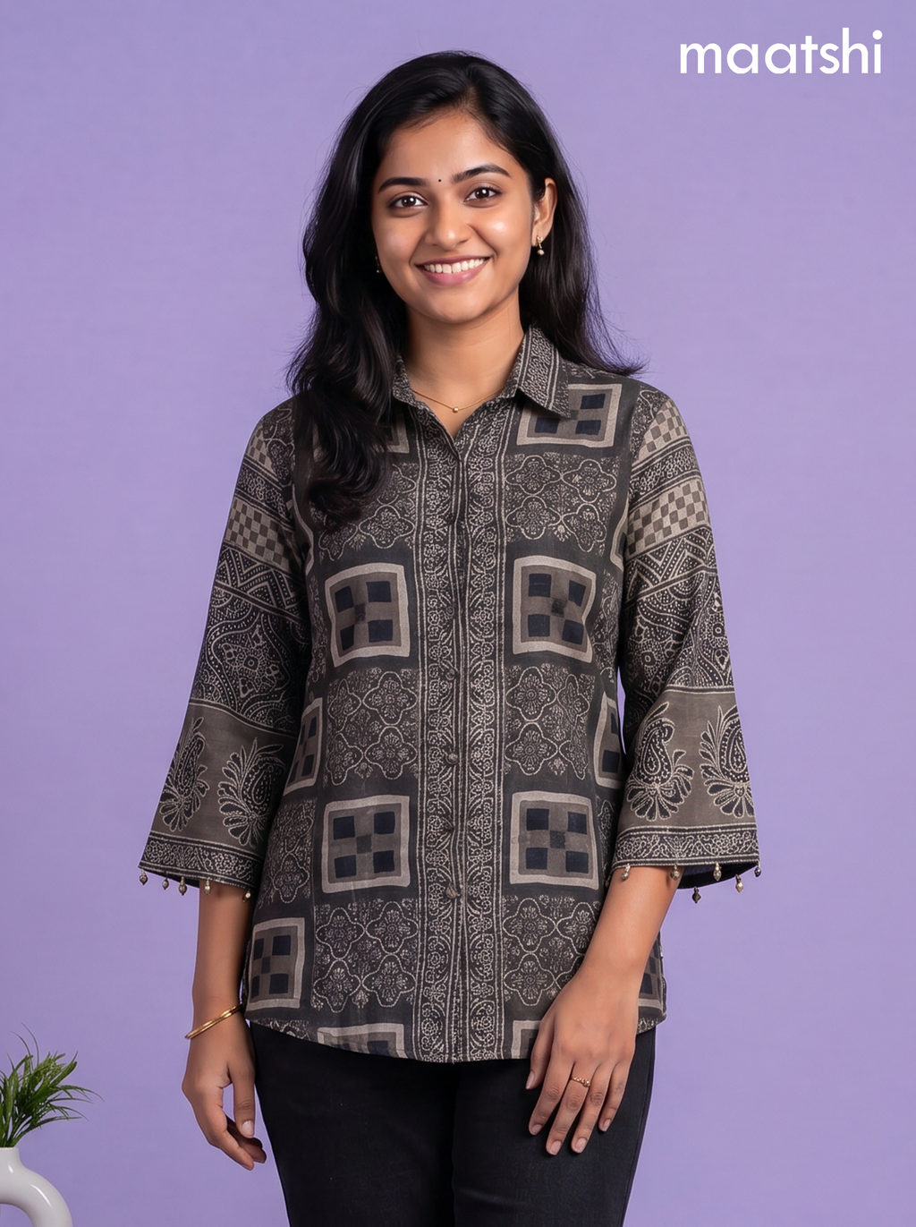 Dark Grey and Maroon Crepe Silk Ajrakh Printed Women Shirt