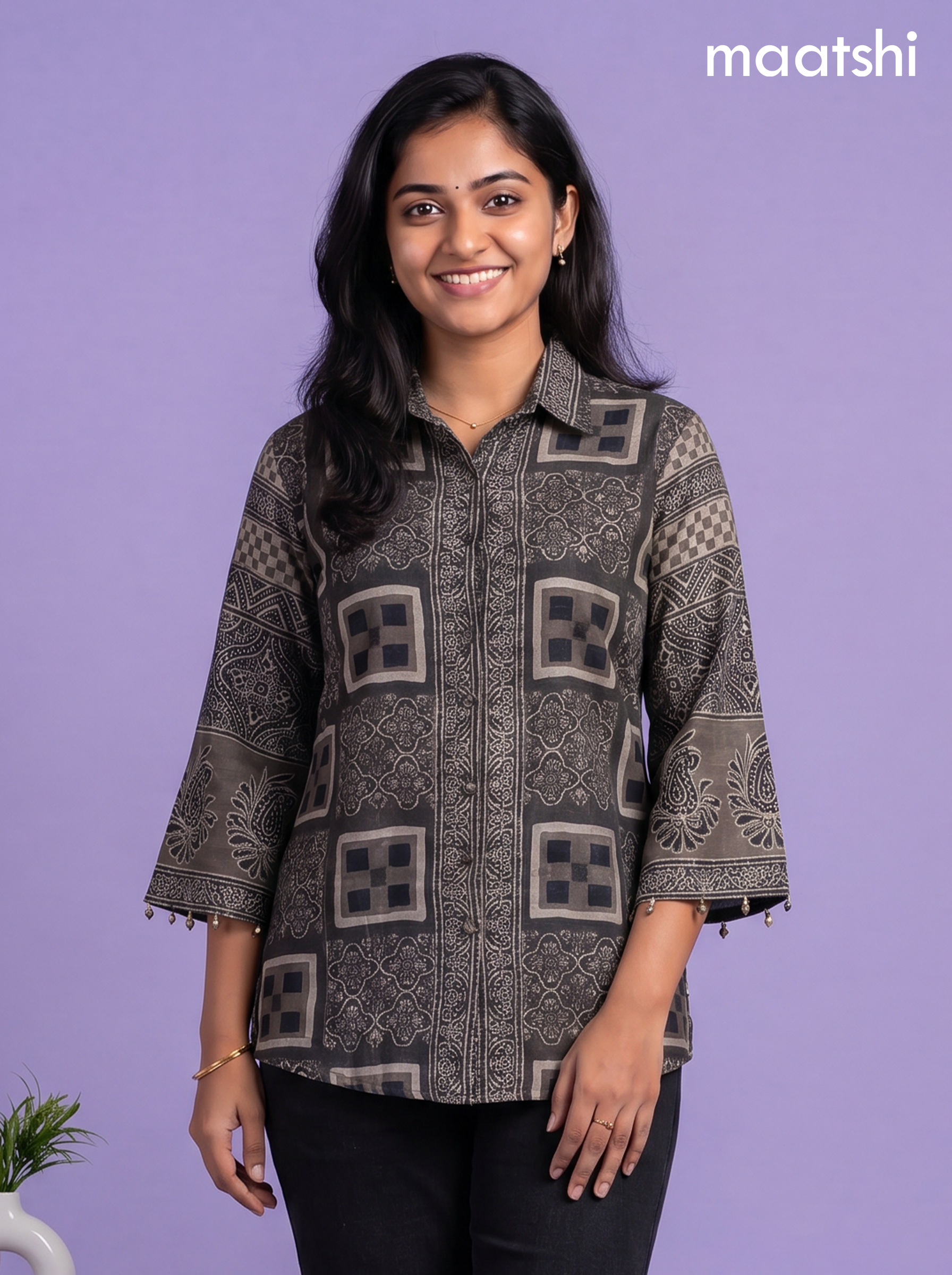 Dark Grey and Maroon Crepe Silk Ajrakh Printed Women Shirt