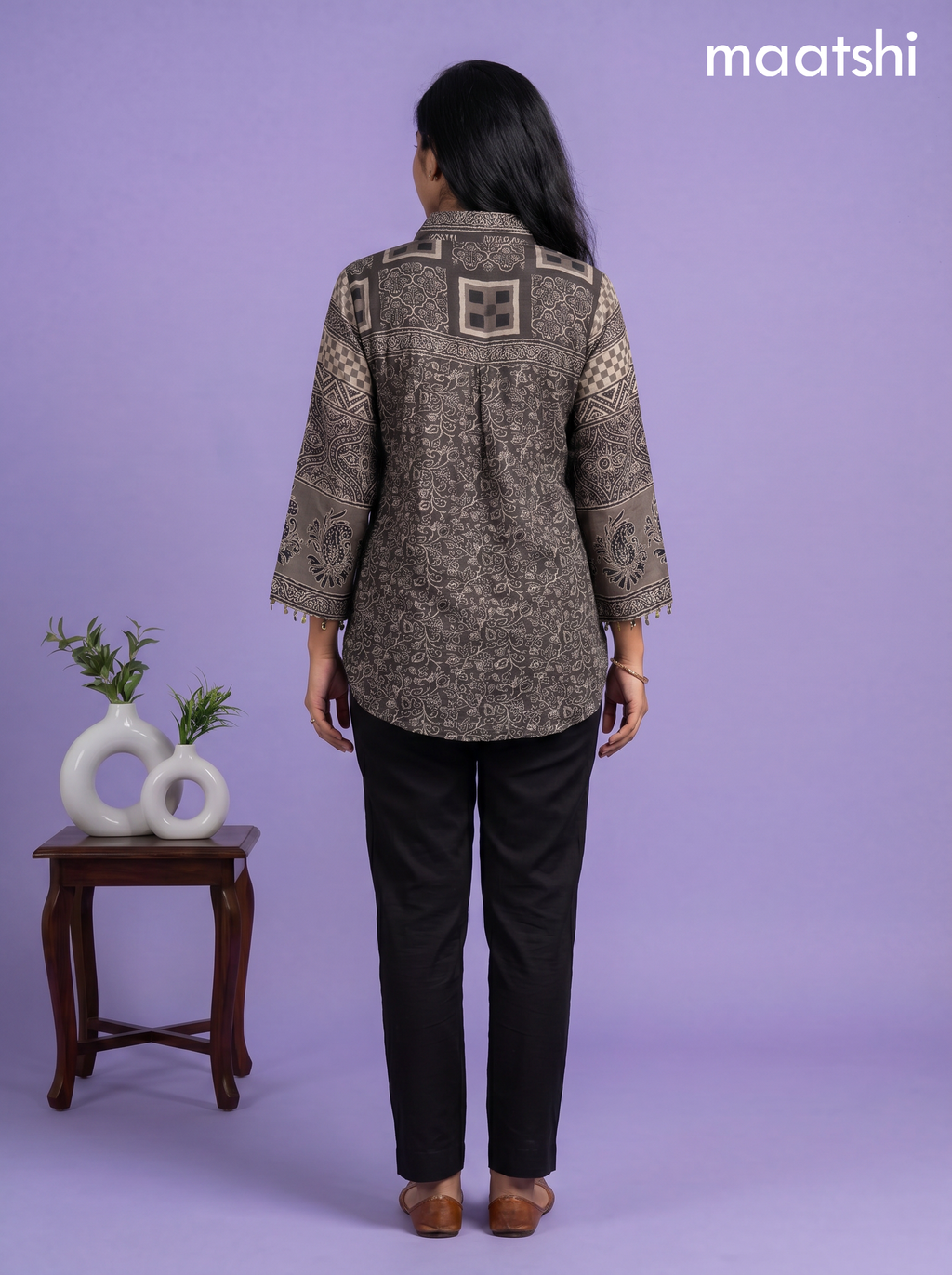 Dark Grey and Maroon Crepe Silk Ajrakh Printed Women Shirt