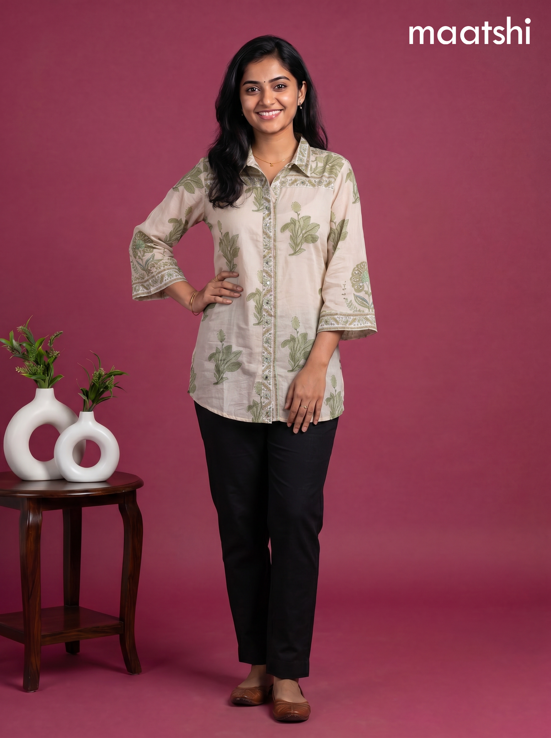 Cream and Green Mul Chanderi Floral Printed & With Slip Women Shirt
