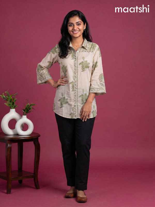 Cream and Green Mul Chanderi Floral Printed & With Slip Women Shirt