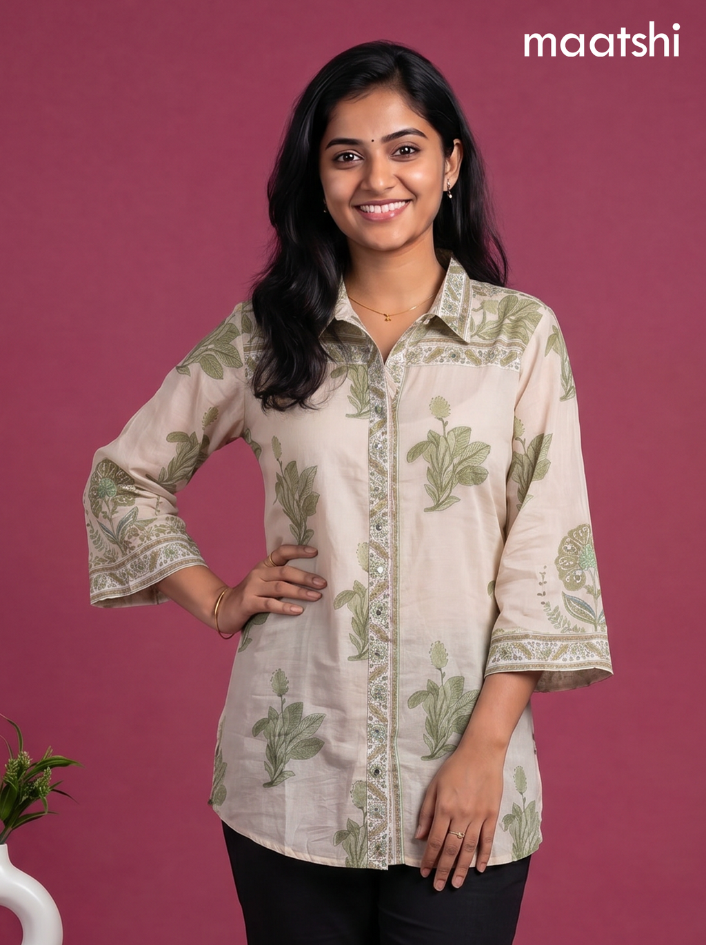 Cream and Green Mul Chanderi Floral Printed & With Slip Women Shirt