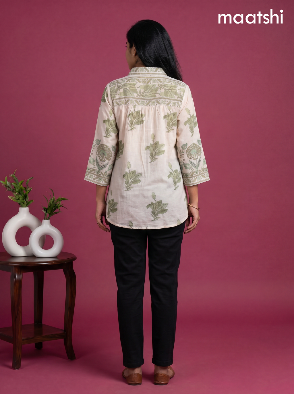 Cream and Green Mul Chanderi Floral Printed & With Slip Women Shirt