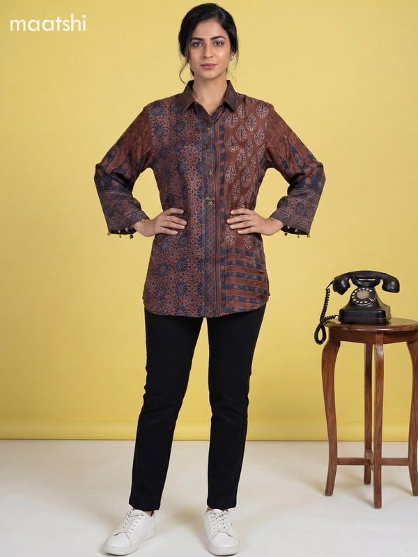 Brown Crepe Silk Floral Printed & With Slip Women Shirt