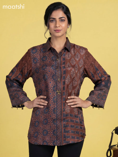 brown Crepe Silk Floral Printed & With Slip Women Shirt