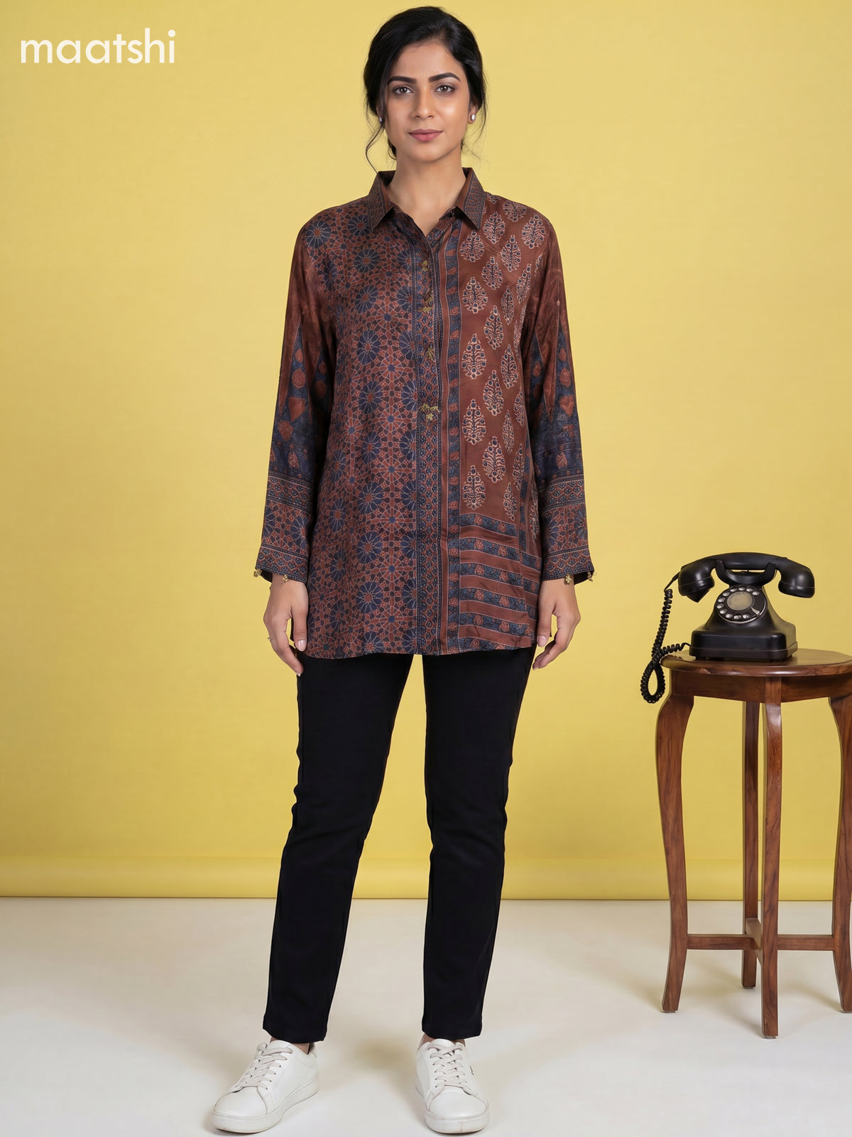 brown Crepe Silk Floral Printed & With Slip Women Shirt