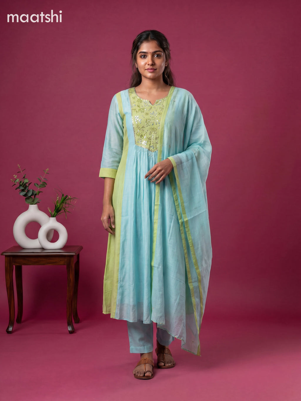 Teal Blue and Green Mul Chanderi Embroidery Work Anarkali Suit