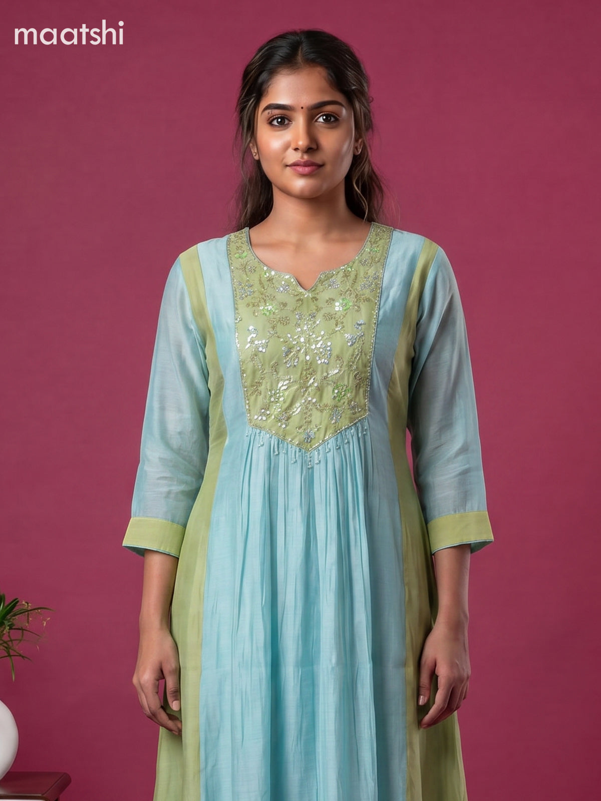 Teal Blue and Green Mul Chanderi Embroidery Work Anarkali Suit