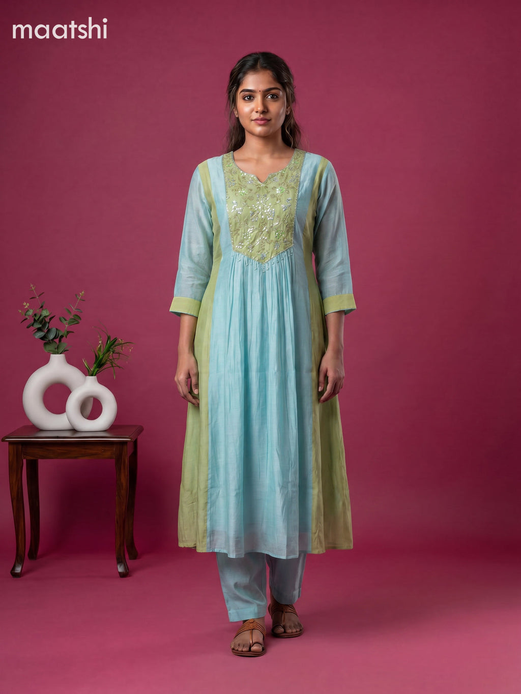 Teal Blue and Green Mul Chanderi Embroidery Work Anarkali Suit
