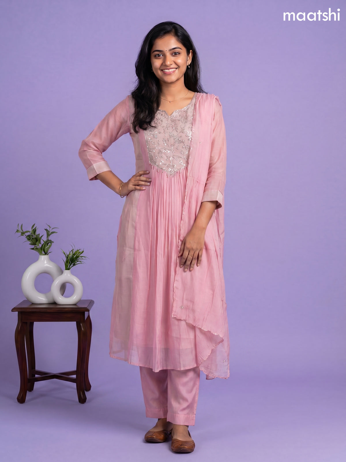 Baby Pink Mul Chanderi Embroidery Work Anarkali Suit