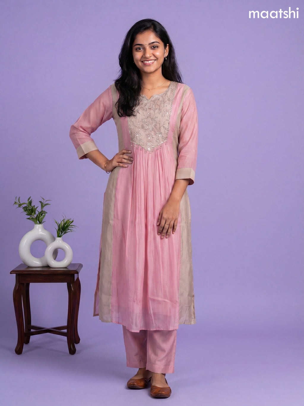 Baby Pink Mul Chanderi Embroidery Work Anarkali Suit