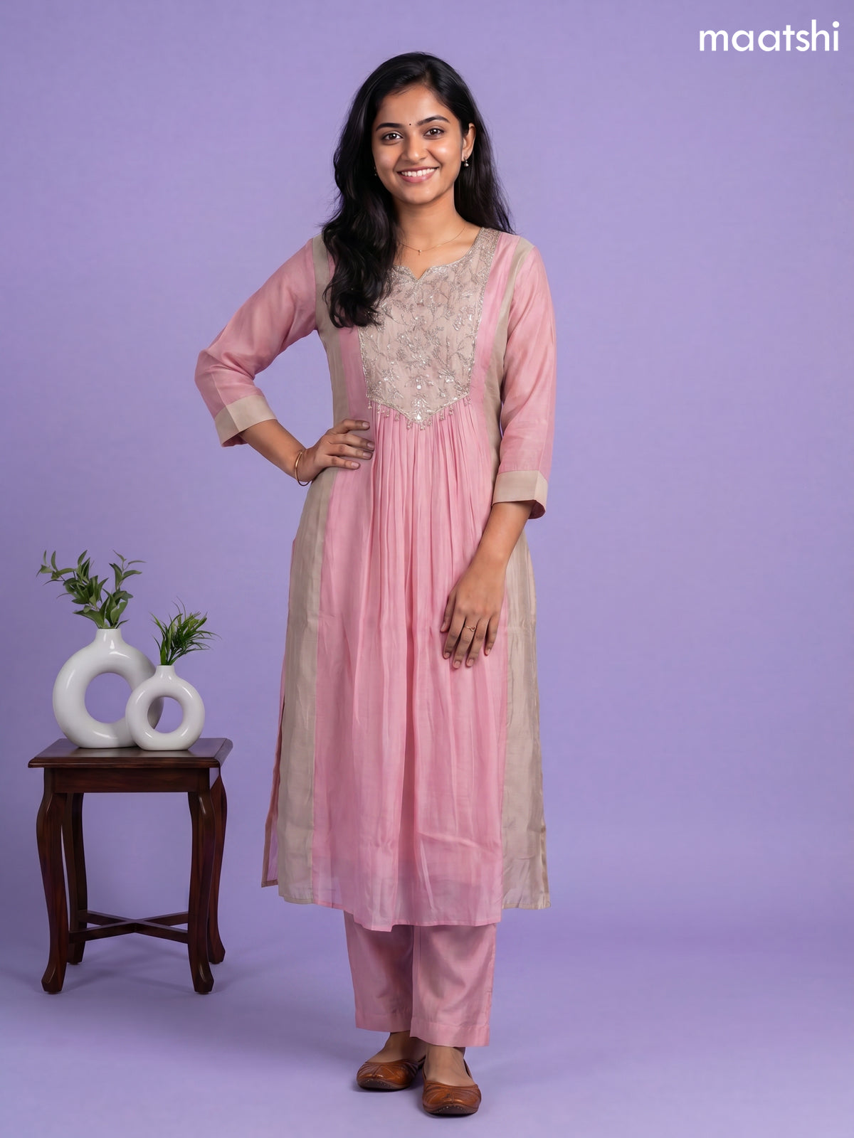 Baby Pink Mul Chanderi Embroidery Work Anarkali Suit