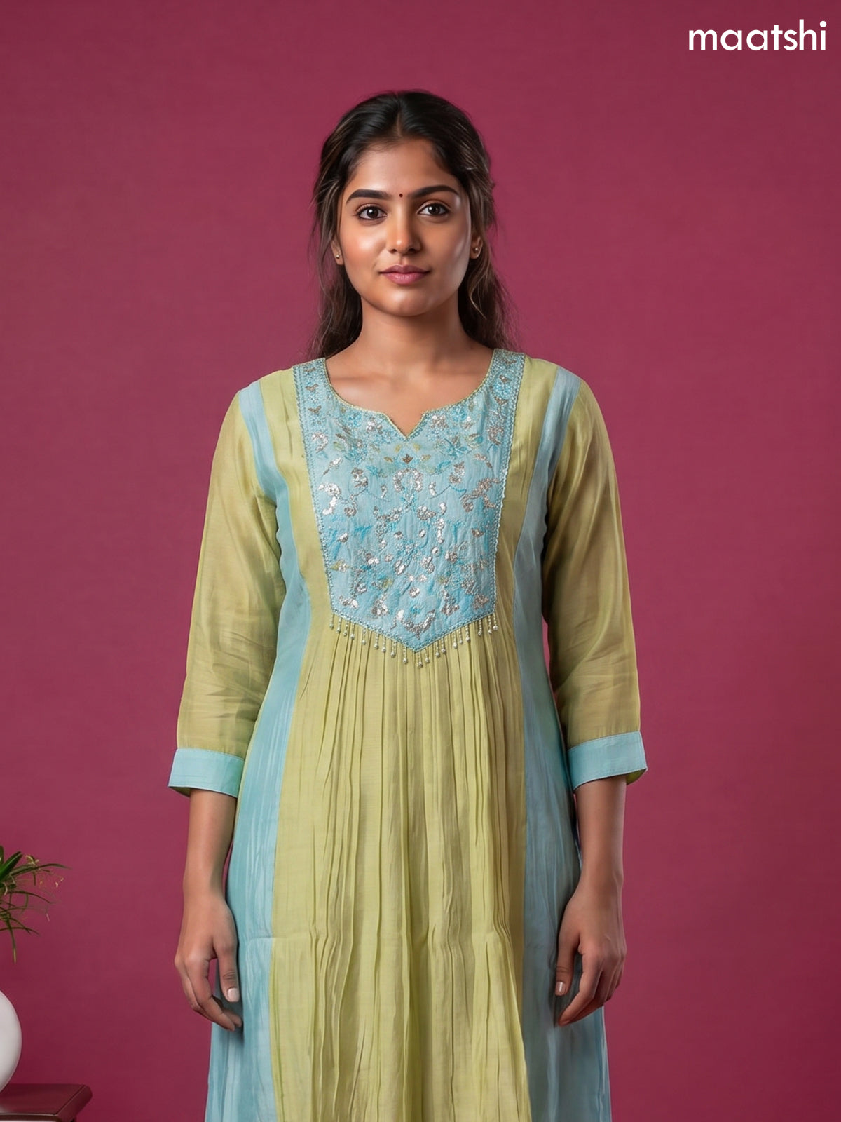 Green and Teal Blue Mul Chanderi Embroidery Work Anarkali Suit