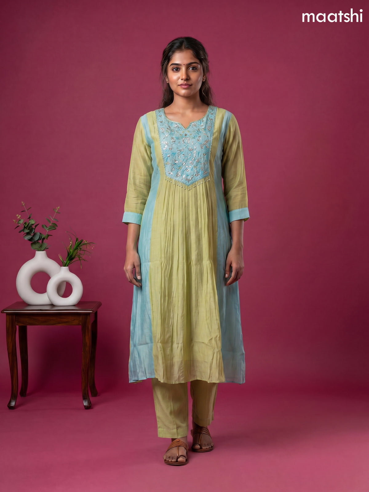 Green and Teal Blue Mul Chanderi Embroidery Work Anarkali Suit