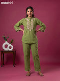 Green Cotton Emroidery Work Co-Ord Set
