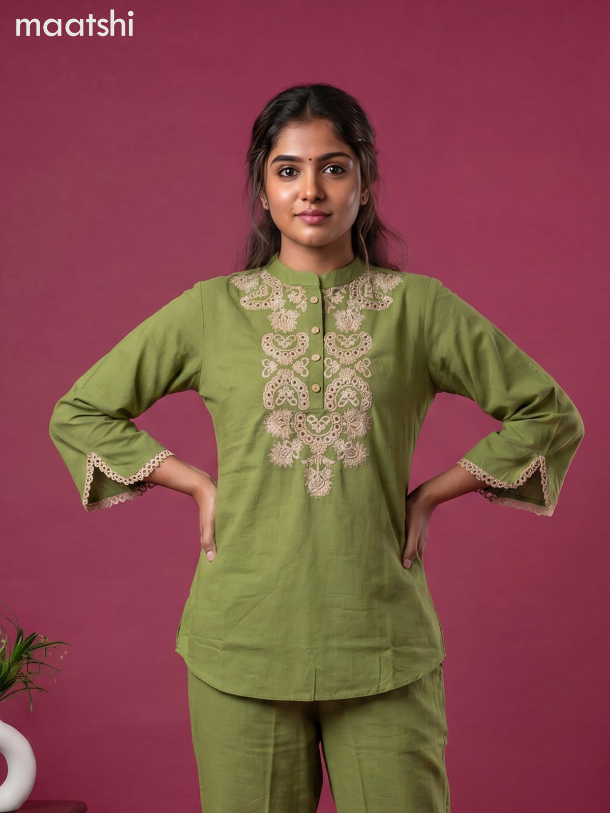 Green Cotton Emroidery Work Co-Ord Set