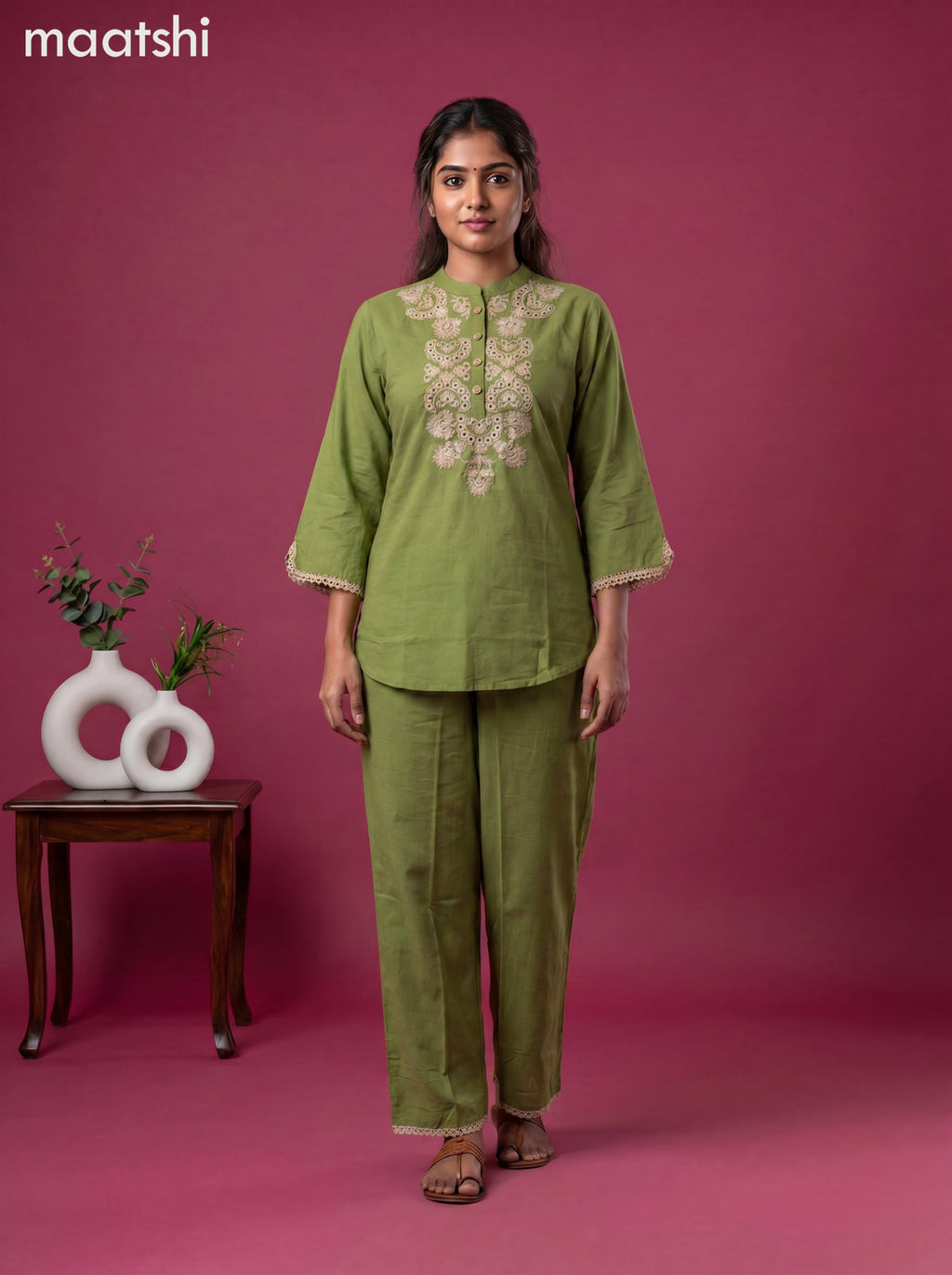 Green Cotton Emroidery Work Co-Ord Set