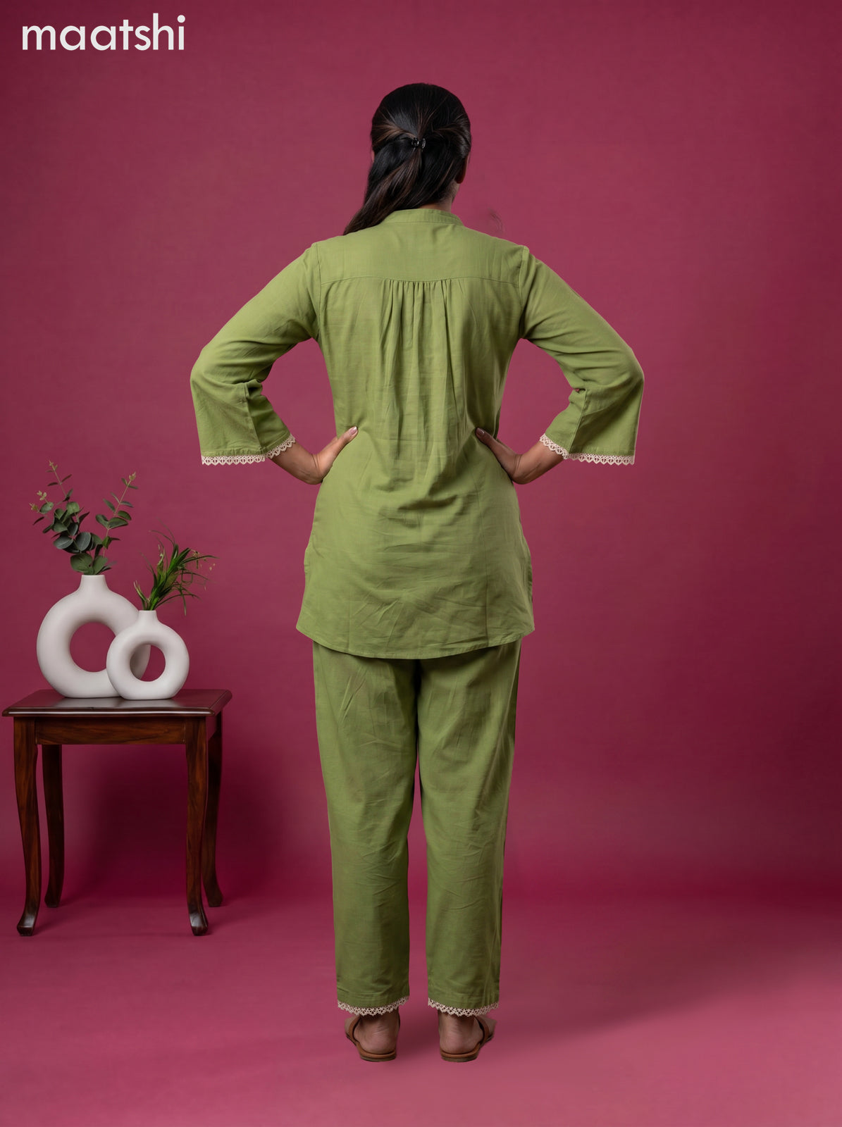Green Cotton Emroidery Work Co-Ord Set
