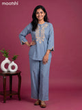 Blue Cotton Emroidery Work Co-Ord Set