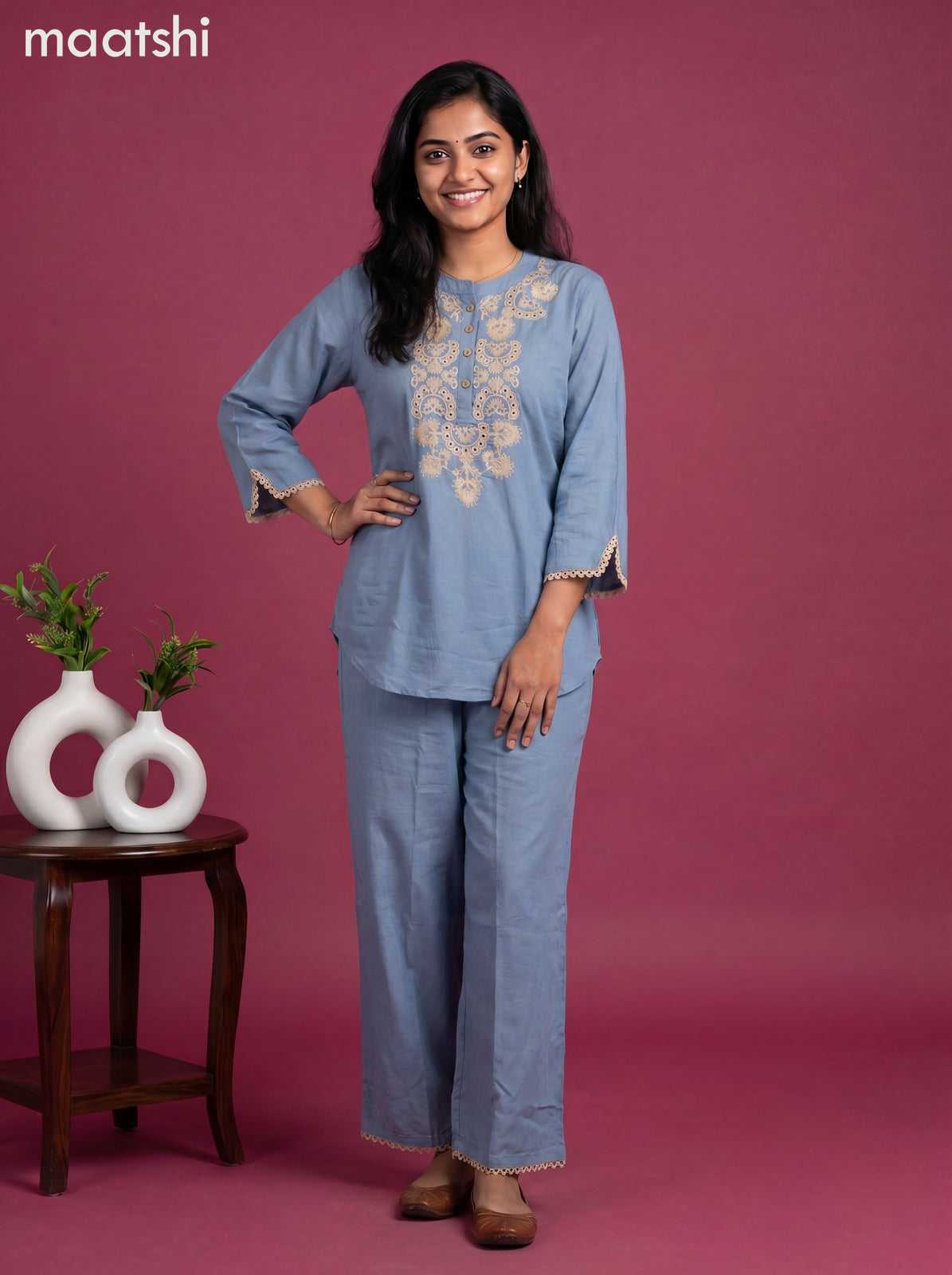 Blue Cotton Emroidery Work Co-Ord Set