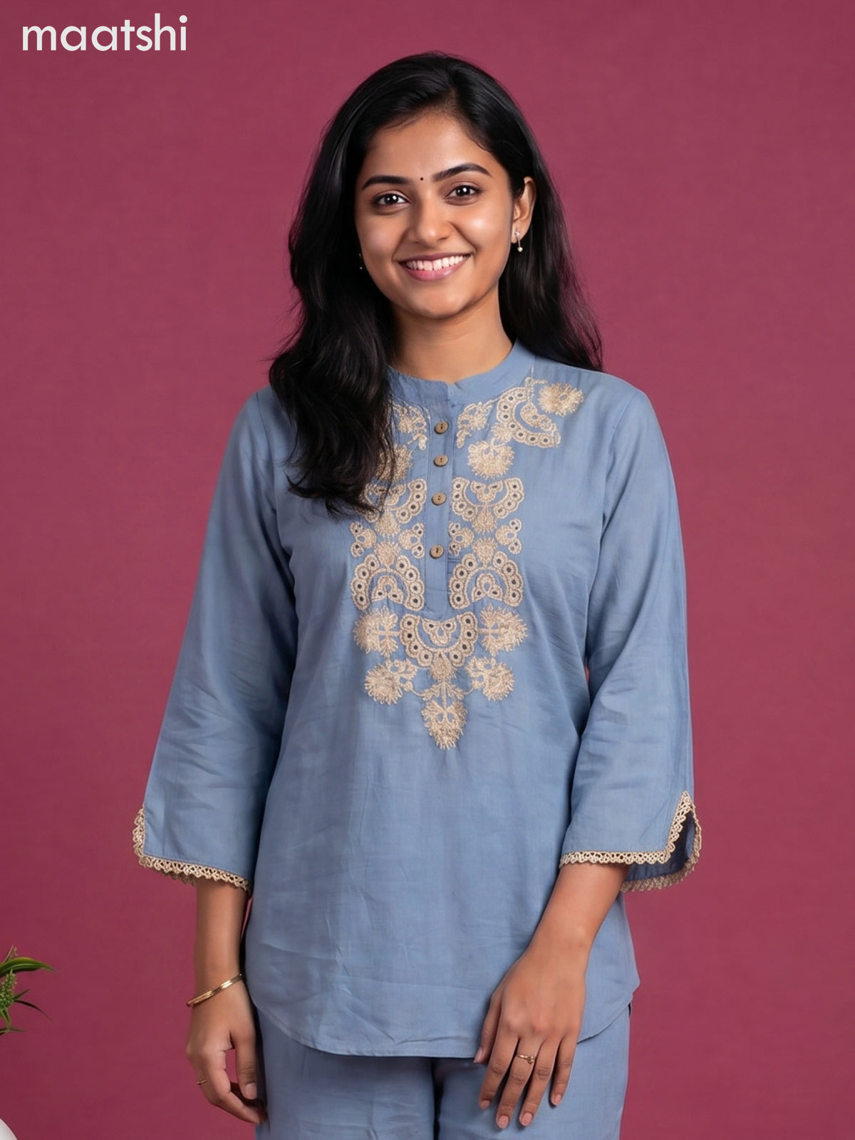 Blue Cotton Emroidery Work Co-Ord Set