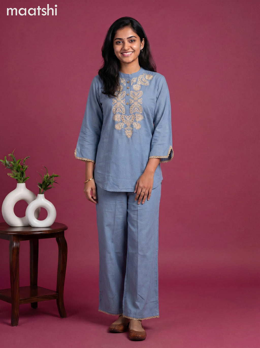 Blue Cotton Emroidery Work Co-Ord Set