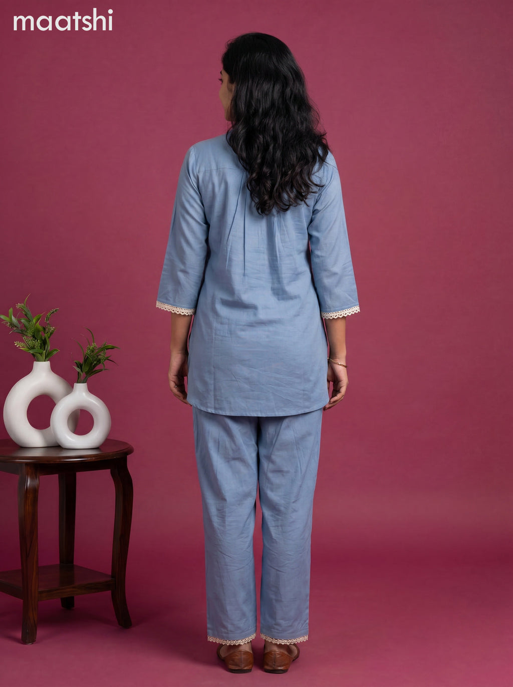 Blue Cotton Emroidery Work Co-Ord Set