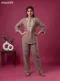 Pastel Brown Cotton Emroidery Work Co-Ord Set