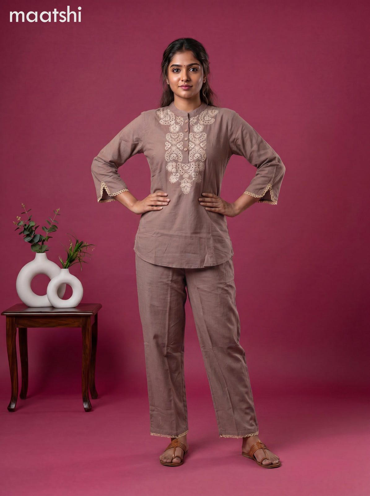 Pastel Brown Cotton Emroidery Work Co-Ord Set