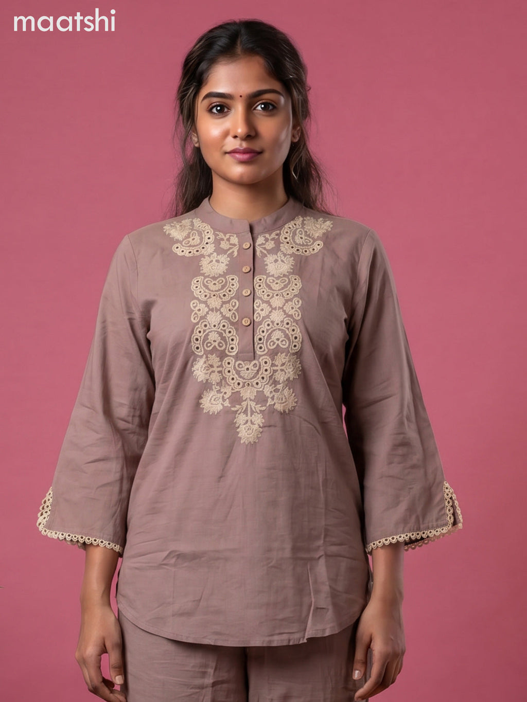 Pastel Brown Cotton Emroidery Work Co-Ord Set