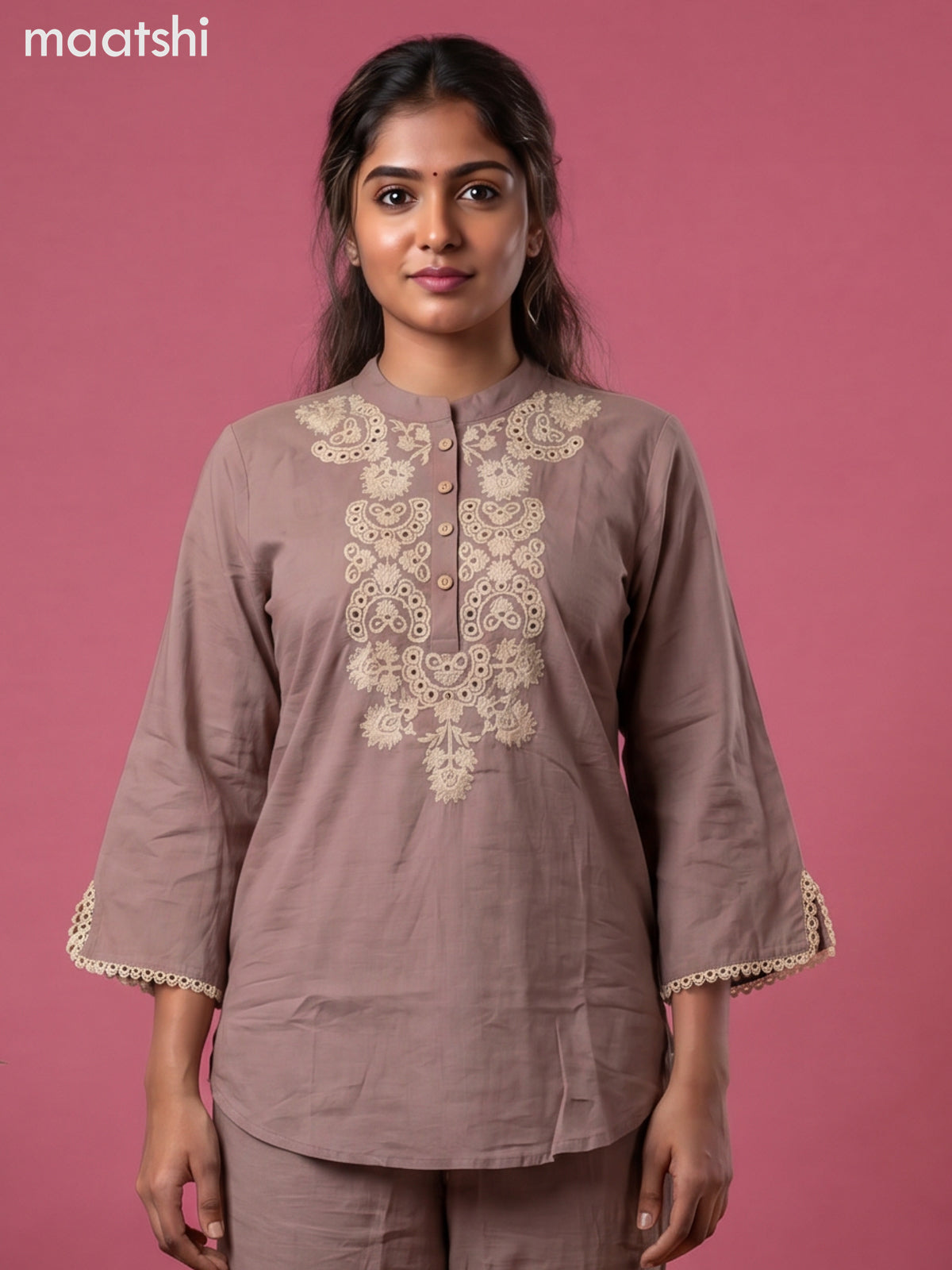 Pastel Brown Cotton Emroidery Work Co-Ord Set