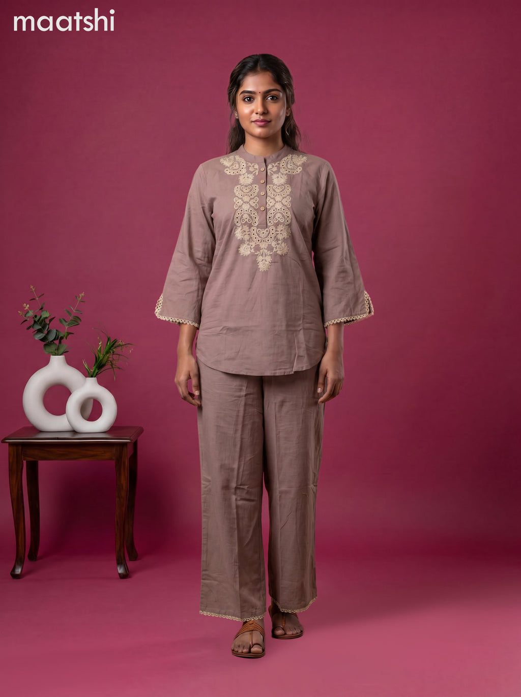 Pastel Brown Cotton Emroidery Work Co-Ord Set