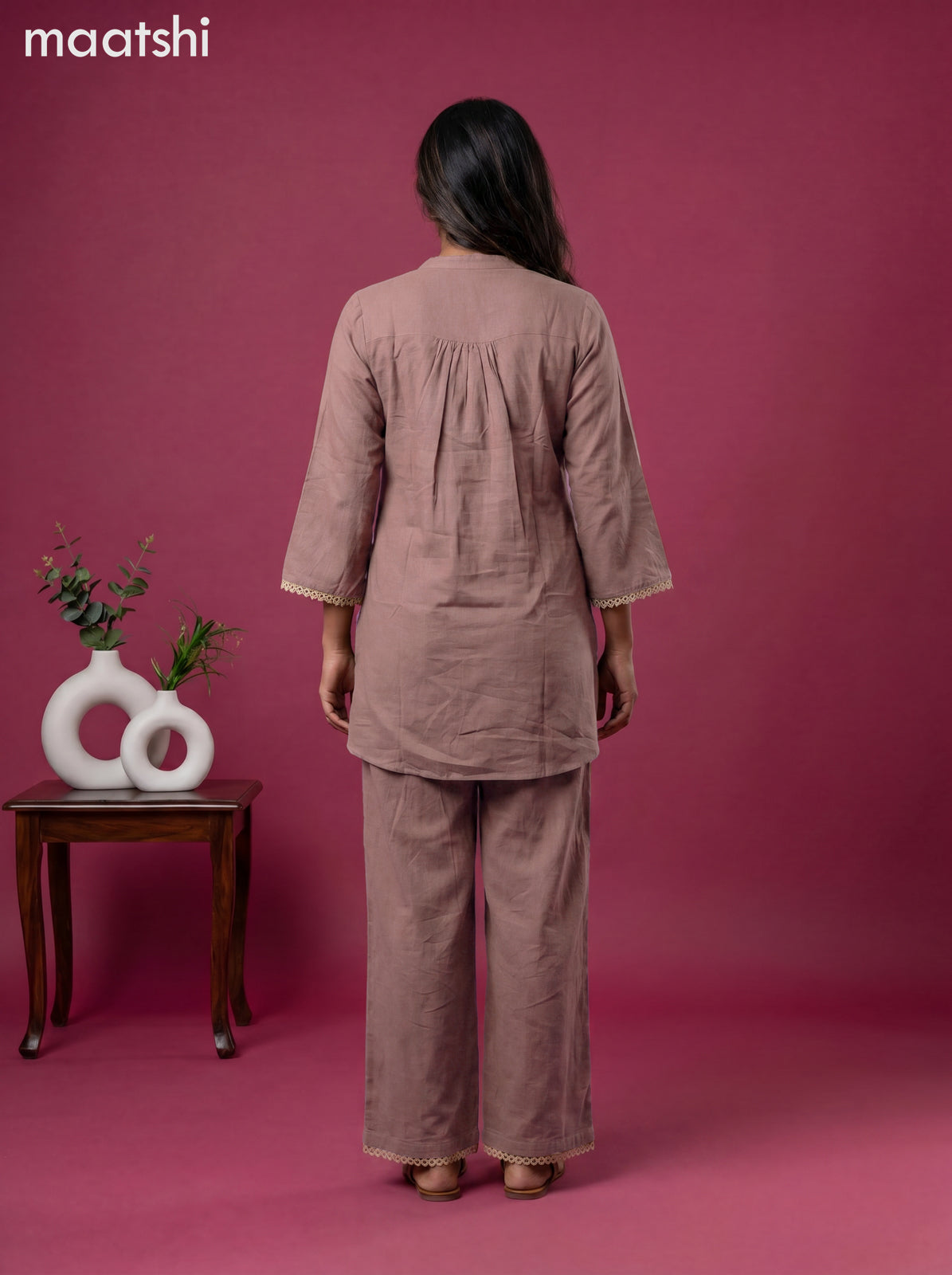 Pastel Brown Cotton Emroidery Work Co-Ord Set