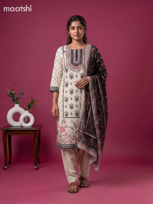 Off White Crepe Silk Printed & Embroidery Work Straight Suit