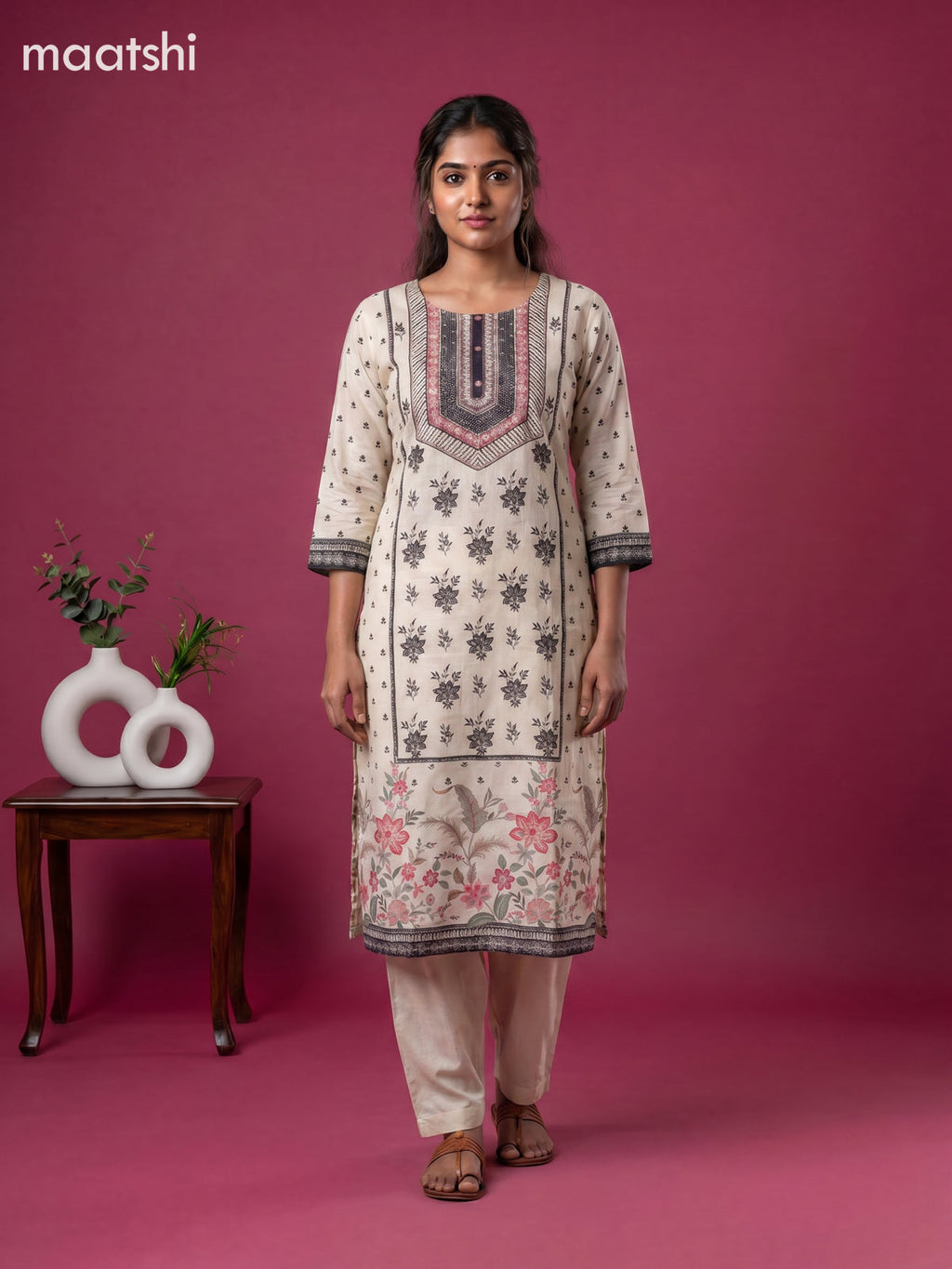 Off White Crepe Silk Printed & Embroidery Work Straight Suit