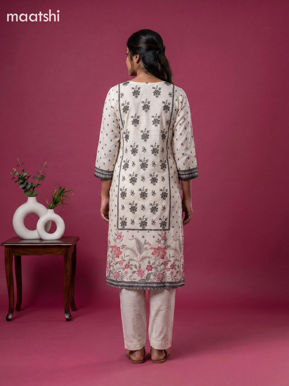 Off White Crepe Silk Printed & Embroidery Work Straight Suit