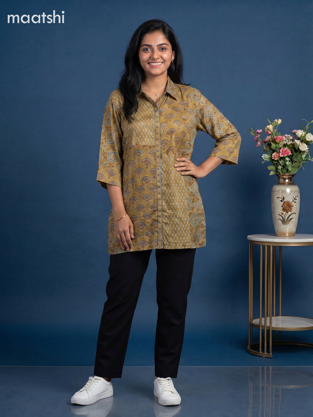 Mehendi Green Crepe Silk Ajrakh Printed Women Shirt