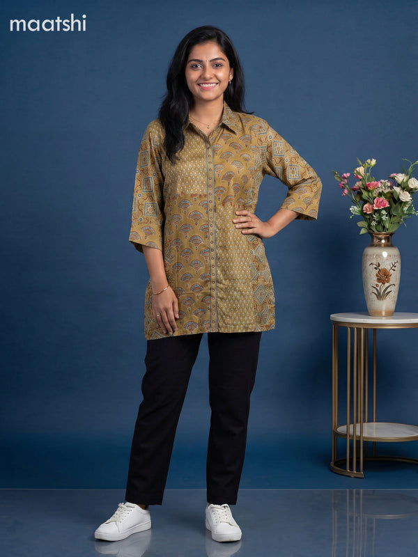 Mehendi Green Crepe Silk Ajrakh Printed Women Shirt