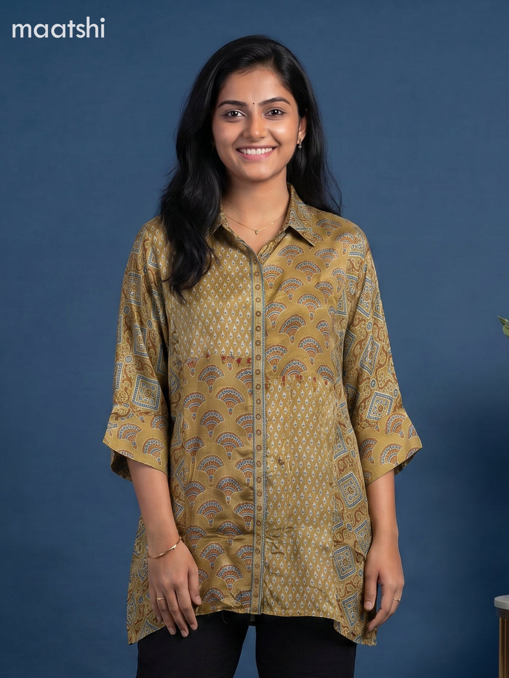 Mehendi Green Crepe Silk Ajrakh Printed Women Shirt
